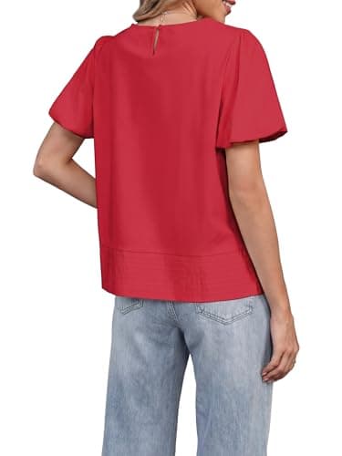 Funlingo Womens Puff Short Sleeve Babydoll Tops Summer Crew Neck Pleated Blouses Casual Loose Fit Flowy Swing Shirts 2026 Red L - Thumbnail 5