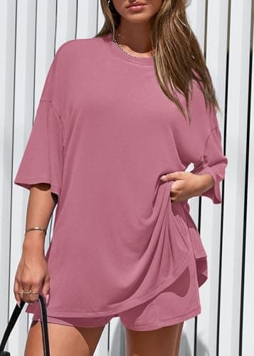 KIRUNDO 2 Piece Sets for Women Summer Lounge Sets Casual Oversized Tshirts Shorts Matching Airport Travel Outfits Postpartum(Pink, Small) - Thumbnail 3