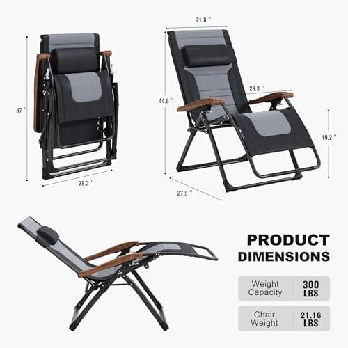 PURPLE LEAF Oversized Outdoor Reclining Chair Patio Zero Gravity Chaise Lounge Folding Chair with Quilted Cushion Adjustable Headrest for Lawn Camping Beach Pool Black and Grey - Thumbnail 2