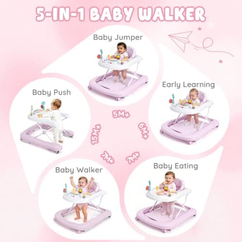 Baby Walker with Wheels, 5-in-1 Foldable Push Walker for Baby Girls 6-12 Months, Baby Walker & Bouncer Combo, Adjustable Height, Music Light Infant Activity Center Bouncer Walker(Pink) - Thumbnail 2