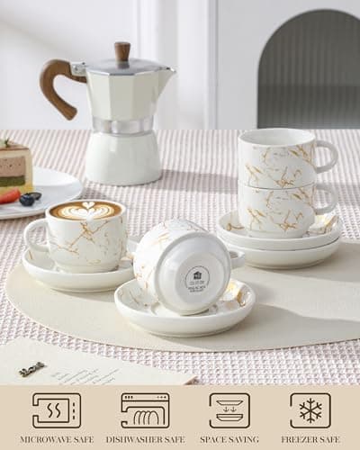 MALACASA 4 OZ Porcelain Espresso Cups with Saucers and Metal Stand Set of 4, Stackable Cappuccino Cups, Marble White Expresso Shots Cup Set for Coffee Drinks, Latte, Tea - Thumbnail 4