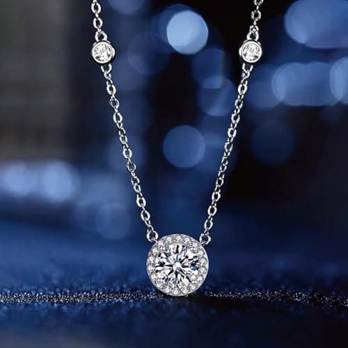 Moissanite Halo Pendant Necklace for Women, 18K Gold Plated 925 Sterling Silver, 1-3CT Lab-Created Diamond D Color VVS1 Round, Hypoallergenic Moissanite Pendant Necklace, Valentines Anniversary Jewelry for Wife (Round Halo, 18K White Gold Plated S925, 1CT) - Thumbnail 3