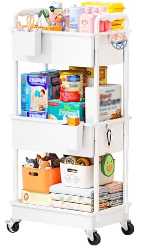 SUNALLY Baby Diaper Caddy Cart, 3 Tier Rolling Diaper Cart with Lockable Wheels for Nursery Essentials, Large Capacity & Easy Assemble Diaper Storage Organizer for Newborn,New Mom, White