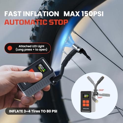 SAILHAPI Mini Bike Tire Pump (150PSI Fast Inflation with Guage) (Presta and Schrader Valve) Portable Electric Air Pump for Road and Mountain Bicycle, E-Bike, Motorcycle, Sports Ball - Thumbnail 2