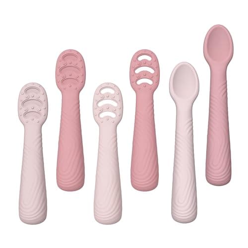 Baby Spoons Self-Feeding 6+ Months, 6 Pack Silicone Training Spoon Set for Baby Led Weaning, 3-Stage & Easy Grip First Utensils for Toddlers Learning Eating Essentials, Dishwasher Safe (Pink Rose) - Image 1