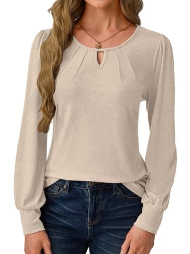 GKBK Womens Long Puff Sleeve Tops Dressy Business Casual Blouses Basic Loose Fit Round Neck Work Shirt Pleated Keyhole Cute Comfy 2025 Fall Winter Fashion Clothing Outfits Beige Small - Thumbnail 2