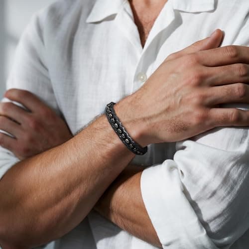 FLHEART Bracelet Gifts for Men Black Braided Leather Stainless Steel Cuff Bracelets,Gift for Men Dad Husband Boyfriend Son Grandson Brother Nephew Uncle 7.5|8.5|9 Inches - Thumbnail 2
