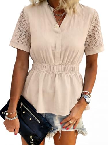 HEYTALALA Womens Peplum Tops Summer Lace Short Sleeve V Neck Shirts Dressy Casual Babydoll Blouses Apricot S - Image 1