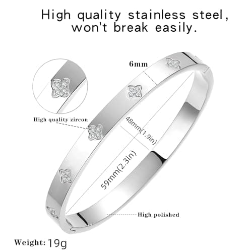 BOLAGTIER Silver Bangle Bracelets for Women Four Leaf Clover Lucky Love Cubic Zirconia Bracelet (Clover Silver-Small) - Thumbnail 4