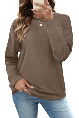 RUMIA Womens Sweatshirt long sleeve shirts Loose Fit Tunic Shirts Crewneck Tops for Women Trendy Coffee Large - Image 1