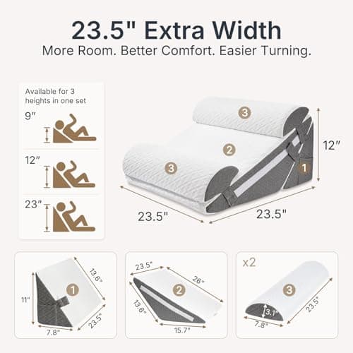 Adjustable Wedge Pillow Set 4PCS, Cooling Gel Memory Foam Bed Wedge with Dual Head Pillows, Extra-Wide Incline Pillow for Acid Reflux, GERD, Sleep Apnea & Post Surgery Recovery, White/Dark Grey - Thumbnail 5