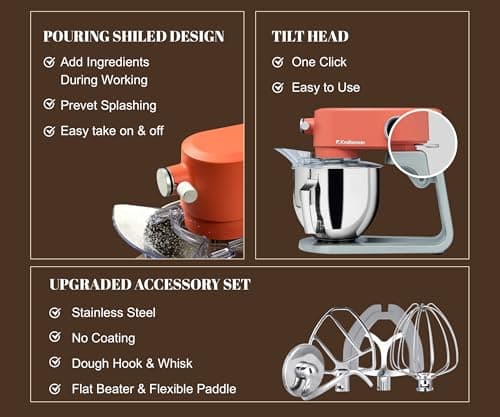 Kraftsman All-Metal Stand Mixer 5.3-Quart - Professional Kitchen Electric Food Mixer with Stainless Steel Mixing Bowl & Attachments for Baking, Dough & Cake, 8-Speed Control & Timer (Orange) - Thumbnail 6