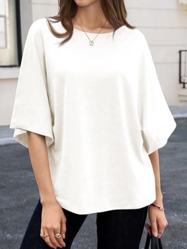 Cicy Bell Womens Oversized Half Sleeve T-Shirts Summer Casual Crew Neck Tshirt Loose Fit Side Slit Tee Tops White - Thumbnail 2