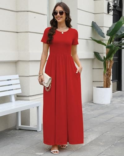 COSSEN Women’s Crewneck Short Sleeve Maxi Dress Red X-Large with Pockets – Casual Loose Swing Sundress for Wedding Guest, Beach & Vacation - Thumbnail 5