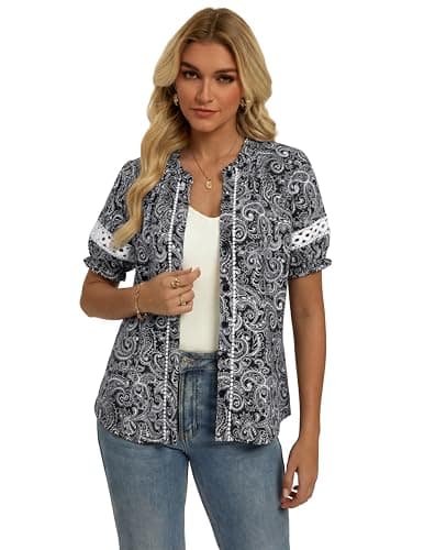 GRACE KARIN Women Boho Floral Tops, Summer Short Eyelet Sleeve Dressy Casual Shirts, Spring Button Down Blouse 2026 Trendy Black Small - Thumbnail 3