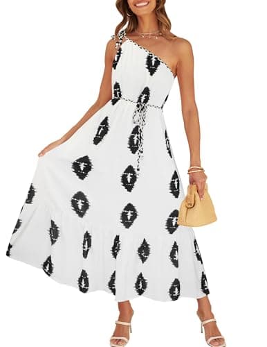 CCTOO Women's Floral Print Maxi Dress 2025 Sleeveless Summer Knot One Shoulder Flowy Boho Dresses with Pockets White XL - Image 1