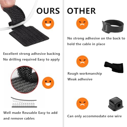 48Pcs Upgraded Under Desk Cable Management Ties - Self Adhesive Sticky Back Hook and Loop Straps, Cable Wire Organizers for Home Office - Thumbnail 5