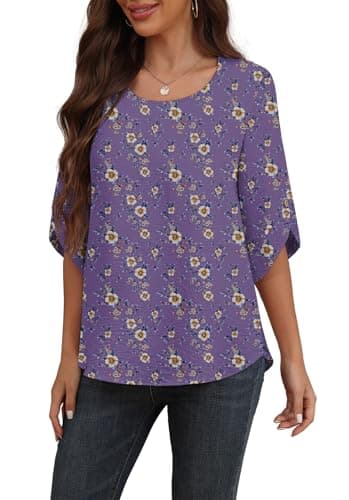 Askyes Women's Blouses Tops Summer Short Sleeve Fashion Tops for Women Flowy Chiffon T-Shirts,Purple Floral,L - Thumbnail 4