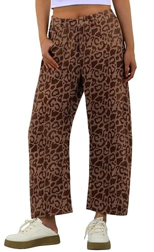 IWOLLENCE Women's Cheetah Printed Corduroy Pants Elastic Waist Cord Baggy Cropped Wide Leg Barrel Pant Brown Leopard, XL - Image 1