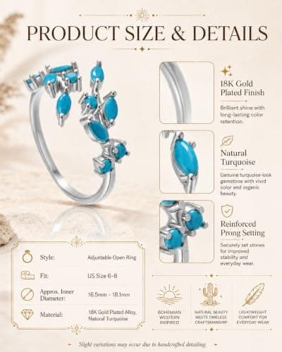 MIFYNN Western Turquoise Rings for Women Silver Non Tarnish Dainty Cute Adjustable Open Leaf Thumb Ring Bohemian Country Jewelry Gift - Thumbnail 5