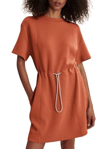 COCOMARTS Dresses for Women Summer Short Sleeve Crew Neck Sweatshirt Dress Drawstring Waist Tunic Tops Mini Vacation Sundress Orange Medium - Image 1