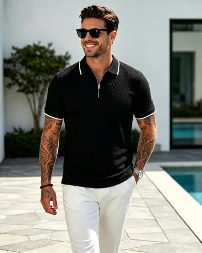 TRFIC Mens Polo Shirts Short Sleeve Casual Polo Shirt Vintage Golf T Shirts Old Money Tops Black - Thumbnail 3