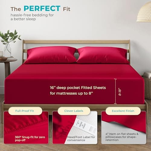 THREAD SPREAD 100% Egyptian Cotton Sheets Twin XL Size Bed Set - 3 PC 800 Series Euphoria Collection Egyptian Cotton Twin XL Sheet Set (Red) Soft, Cooling, 16" Deep Pocket Hotel Bedsheet - Thumbnail 4