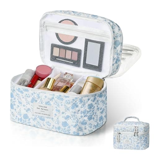 Gosect Makeup bag, Large Cosmetic Bag for Women Girls, Cute Quilted Makeup Bags, Floral Coquette Aesthetic Toiletry Bag, Travel Make Up Organizer Bag (Blue Flowers) - Image 1