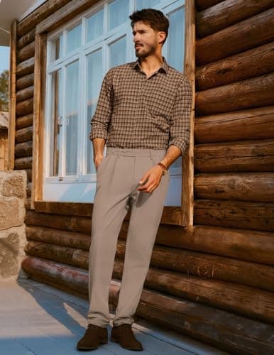 PJ PAUL JONES Men Vintage Casual Khaki Pants Lightweight Pleated Dress Pants Trousers with Pockets for Office M - Thumbnail 3