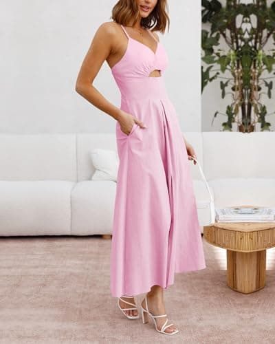 BTFBM Women 2026 Spaghetti Strap Midi Summer Dresses Sleeveless V Neck Cutout Slit Casual Beach Party Maxi Dress Pockets(Pink, X-Large) - Thumbnail 3