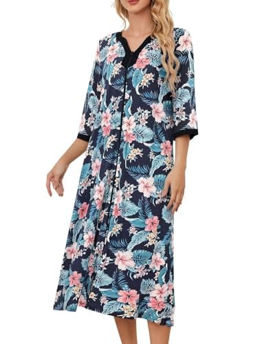 PITINAN Womens Robes Lightweight for Hospital Delivery House Coat Maxi House Dress Zip Up Bathrobe Moo moos Nightgown Long Sleepwear House Dress (Navy Blue Pink Flower, L) - Image 1