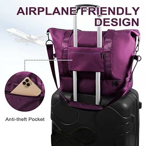 WOOMADA Weekender Bag for Women, Travel Duffel Bags with Shoe Compartment & Wet Pocket, Personal Item Bag for Airlines, Overnight Bag with Toiletry Bag, Sport Gym Tote Bag(purple2) - Thumbnail 4