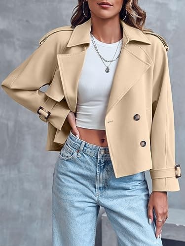 Saodimallsu Women Crop Double Breasted Trench Coat Raglan Sleeve Work Office Cropped Jacket With Pockets - Thumbnail 2