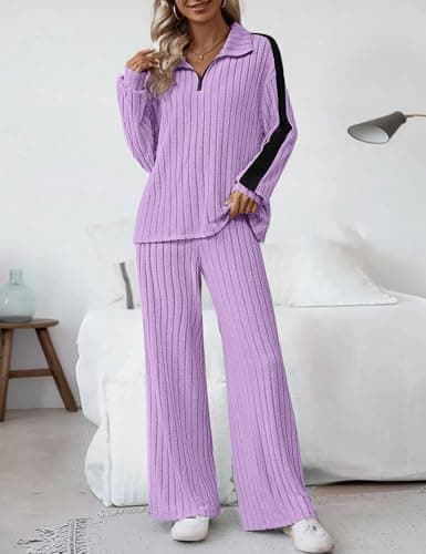 JUSTFASHIONNOW Womens Sweatsuits 2 Piece Set Two Piece Travel Outfits Half Zip Sweatsuits Long Sleeve Sweatshirt Wide Leg Pants Soft Lounge Sets Winter Tracksuit (Purple, Large) - Thumbnail 4