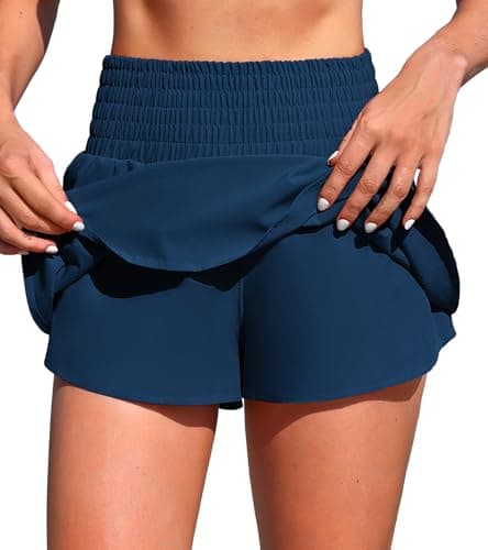 ANFILIA Women's Swimsuit Bottoms with Pockets High Waisted Swim Shorts Quick Dry Swimsuits Bottoms with Built-in Briefs Sapphire Blue - Thumbnail 2