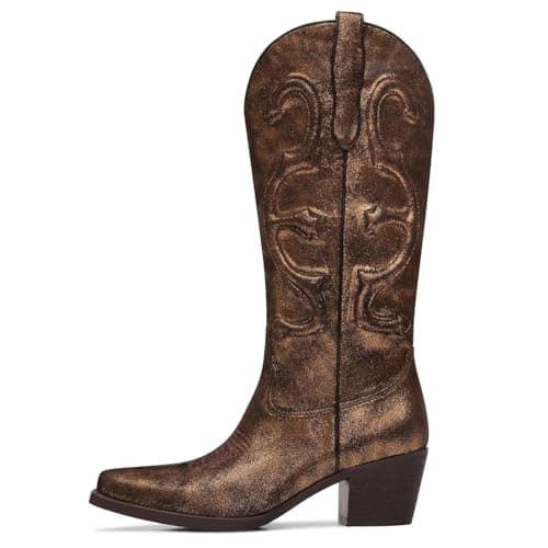 GPXGPX Cowboy Boots Embroidered Cowgirl Boots Women Mid Calf, Pointed Toe Chunky Block Heel Pull On Western Boots Brown 8 - Thumbnail 4
