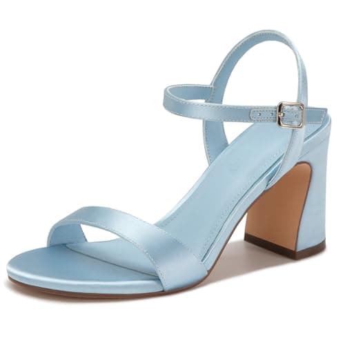 XMWEALTHY Women's Blue High Heels Chunky Block Heeled Sandals Open Toe Ankle Strap Summer Dress 3-Inch Wedding Heels for Graduation Prom Size 6.5 - Image 1