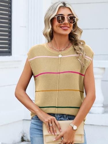 Bellcoco Womens Cap Sleeve Summer Tops Striped Sweater Vest Lightweight Casual Crewneck Loose Knit Pullover Tank Top Beach Vacation Outfits Apricot L - Thumbnail 6