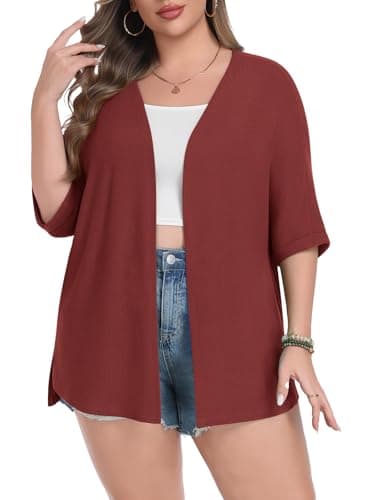 Lastshe Womens Plus Size Cardigan Rolled Short Sleeve Lightweight Split Hem Sweaters Cardigan Wrap,Wine Red,4X - Image 1