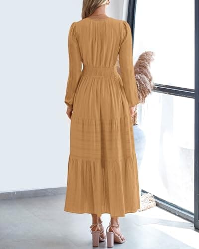 BTFBM Spring Dresses for Women 2026 Casual Long Sleeve V Neck Elastic Waist Lightweight Maxi Wedding Guest Dress Pockets(Khaki, Large) - Thumbnail 3