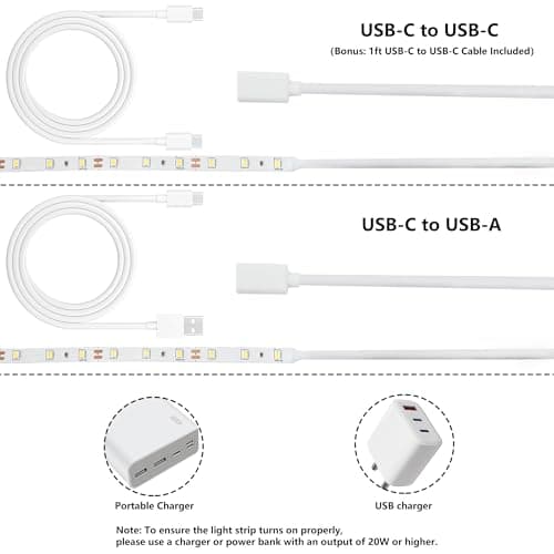 16.4ft 12V LED Strip Lights Warm White, USB C LED Light Strip Powered by Type-C, Flexible Cuttable LED Tape Light, USB Powered LED Lights for Bedroom, Cabinet, Mirror, 1ft USB-C Cable Included - Thumbnail 2