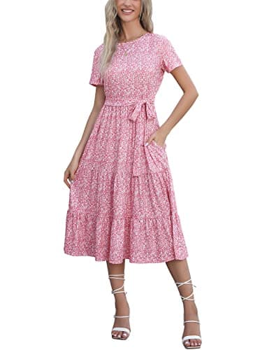 Lyrur Womens Short Sleeve Midi Dress with Pockets Pink Floral Crewneck Tiered Ruffle Casual Summer Sundress(S,9191-Pink Floral) - Image 1