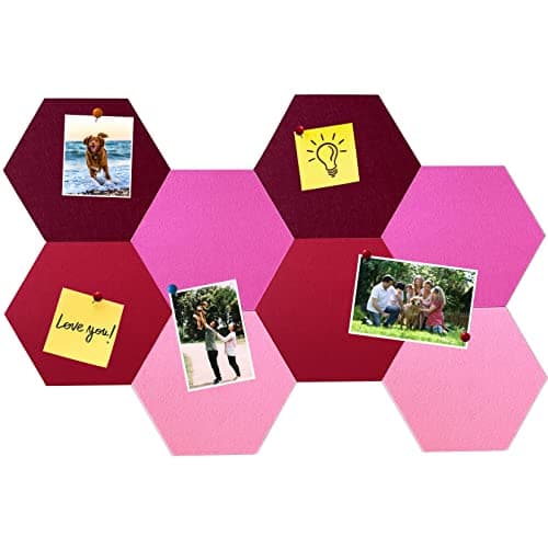 HULAVO 8Pcs Hexagon Felt Cork Board Tiles, Self Adhesive DIY Bulletin Board Pin Board for Office School Home Wall Decor Stickers Memos Photos Display (Gradual Red)