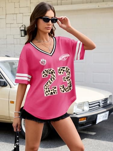 TAKEYAL Jersey Shirts for Women Oversized V Neck Tshirts Graphic Tees Y2K Vintage Summer Tops Trendy Medium Pink - Thumbnail 2