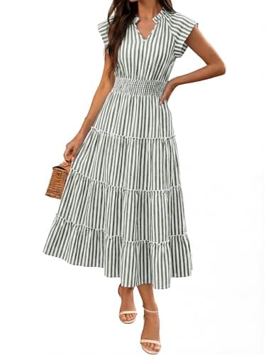 Caracilia Womens Summer Maxi Dresses Casual V Neck Cap Sleeve Gingham Striped Dress Flowy Tiered Beach Vacation Midi Sundress Green White Striped Small - Image 1