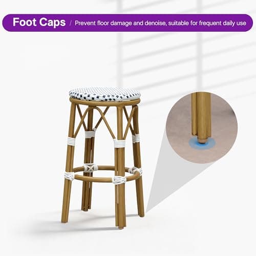 PURPLE LEAF Patio Round Counter Height Stool Set of 2 Outdoor Backless Barstools Aluminum Frame in Bamboo Finish with White & Blue Woven Rattan for Indoor Kitchen Dining Bistros Cafe Restaurant - Thumbnail 6