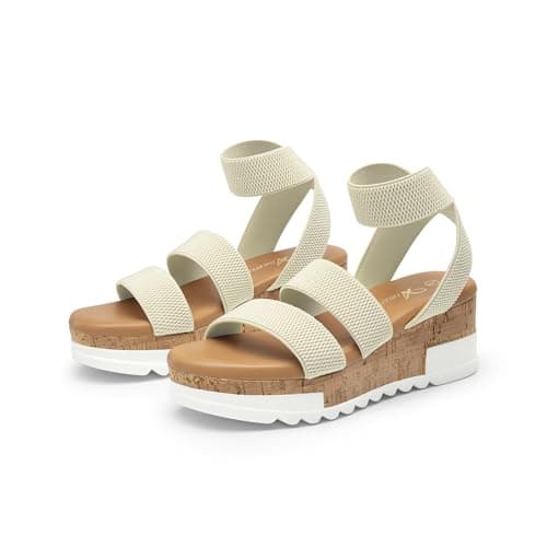 Athlefit Women's Platform Wedge Sandals Summer Casual Open Toe Elastic Ankle Strap Flatform Wedges Sandals Beige Size 8.5 - Image 1