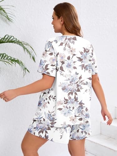 AusLook Women's Plus Size Pajama Sets Short Sleeve Top and Shorts Peony 2X Casual Comfy Soft Ladies Short Pajamas Set Loungwear Sleepwear Pjs Set 2 Piece Lounge Set with Pockets - Thumbnail 3