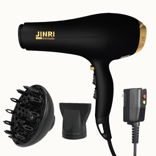 Blow Dryer - JINRI 2000W Diffuser Hair Dryer for Salon & Personal Use – Powerful, Fast Drying with Diffuser & Nozzle for Women & Men, ALCI Safety Plug, Black - Image 1