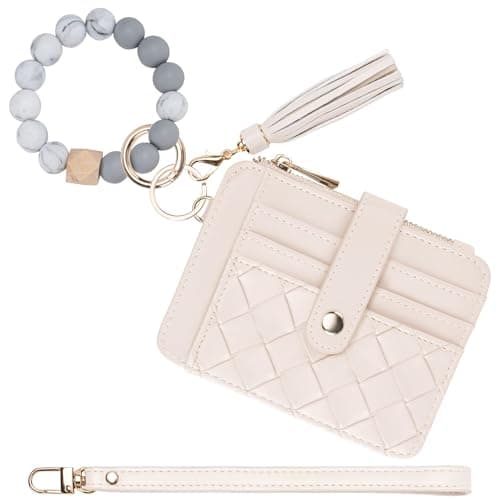 Airkit Wristlet Wallets for Women, Keychain RFID Blocking Credit Card Holder, Small Girly Wallet with Bracelet, Silicone Beaded Tassel Key Ring Card Holder, White - Image 1